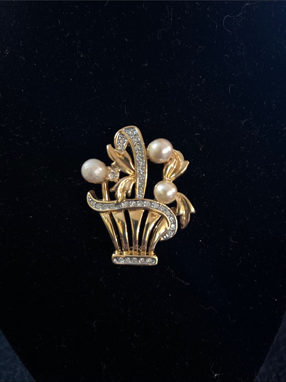 Vintage Gold-Tone Flower Basket Brooch w Faux Pearl Accents & Rhinestones
